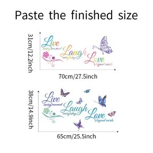 Detailed view of Live Laugh Love wall stickers with size measurements in cm and inches