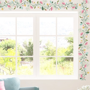 Colorful floral vine wall stickers with pink and yellow flowers for home wall decoration