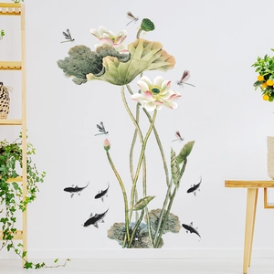 Stickers muraux lotus chinois avec feuilles vertes et carpes koï pour décoration
