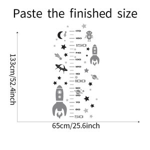 Detailed scale of space-themed height wall sticker with rocket and UFO illustrations