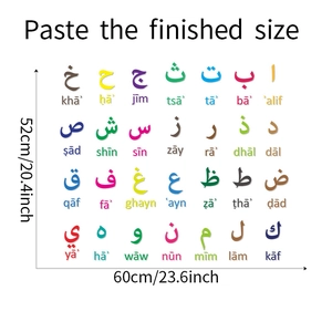 Detail of Arabic alphabet wall sticker showing 60x52cm size and phonetic transliteration