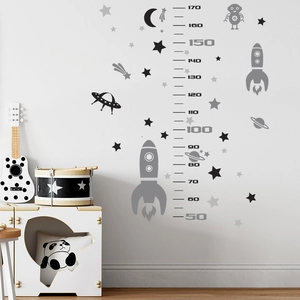 Space rocket height chart wall decal for kids room with 50-170cm scale and astronaut