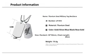 Detailed size specifications for titanium steel dog tag pendant necklace with bead chain
