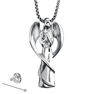 Collier urne ange poli en acier inoxydable avec ailes et kit de remplissage de cendres