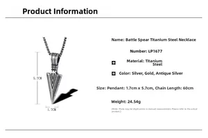 Detailed specs of the vintage spearhead titanium steel necklace with dimensions and weight