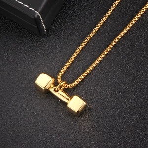 Golden stainless steel dumbbell pendant necklace with box chain for fitness lovers