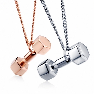 Polished titanium steel dumbbell pendant necklaces in silver and rose gold for fitness fans