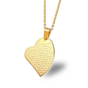 Collier Pendentif Coeur en Acier Inoxydable Gravé Notre Père Croix Or Argent Bijoux en Acier Titane Homme Femme