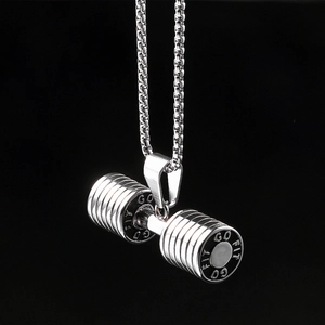 Polished stainless steel dumbbell pendant necklace for men featuring GO FIT engraving