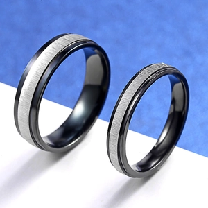 Matching romantic titanium steel couple rings with silver brushed texture and black edges