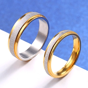 Romantic titanium steel couple rings with silver brushed finish and gold polished edges
