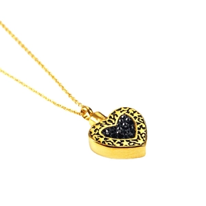 Collar frasco perfume corazón dorado con cristales negros y diseño filigrana