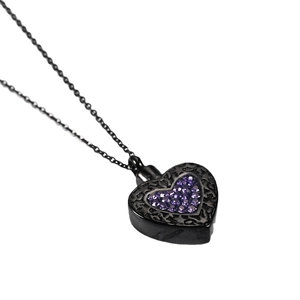 Collar de corazón negro para perfume con cristales púrpuras para colgante memorial de urna