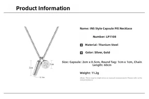 Especificaciones detalladas de tamaño para collar de acero con colgante cápsula y moneda