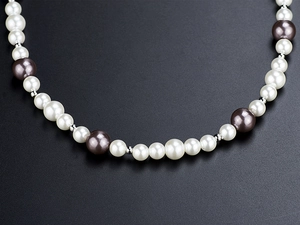 Close-up of hip-hop pearl necklace with alternating white, grey, and silver metal beads