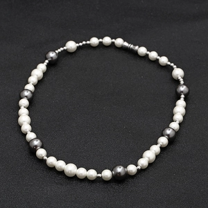 Retro street style pearl necklace with white, dark grey pearls and silver metal spacers