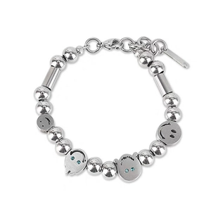 Hip hop stainless steel bead bracelet featuring smiley face charms with blue zircon accents