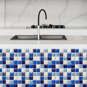 Blue mosaic tile stickers for kitchen backsplash with self-adhesive glossy finish