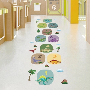 Cartoon Dinosaur Hopscotch Floor Decals For Kids Room Waterproof PVC Game Wall Stickers Nursery Classroom Educational Decoration