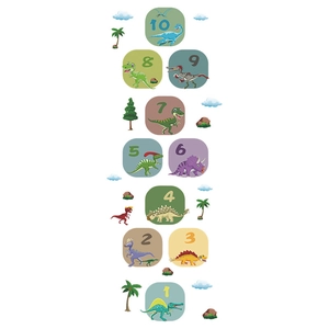 Cartoon dinosaur hopscotch floor decal for kids room featuring numbered game tiles