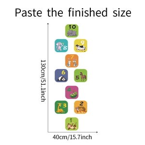 Detailed size chart showing the 130cm x 40cm dimensions for animal hopscotch floor stickers