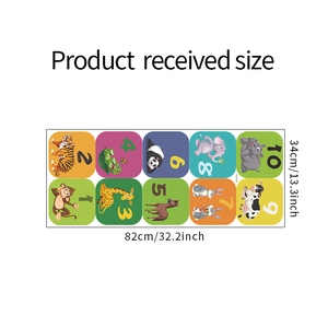 Detailed size chart of hopscotch wall stickers with animals showing 82cm by 34cm dimensions