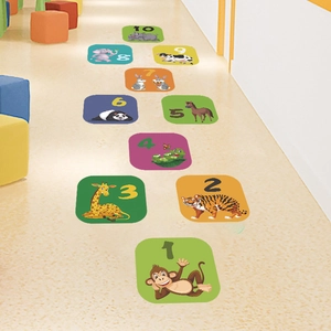 Colorful animal number 1-10 hopscotch floor stickers for kids room and nursery decor