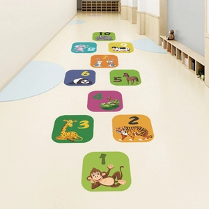Colorful animal hopscotch floor decal with numbers 1 to 10 for nursery room decor