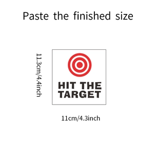 Detail showing the Hit The Target toilet sticker dimensions 11.3cm by 11cm for home decor