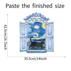 Detailed size specifications for the 3D black cat Van Gogh starry sky wall sticker