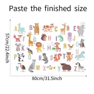 Detailed view showing the layout and exact dimensions of animal alphabet wall stickers
