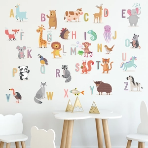 Cartoon animal alphabet wall stickers for nursery decor with A-Z letters and animals
