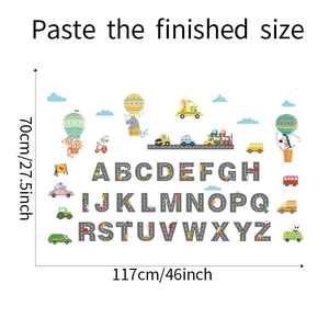 Detailed size chart showing 117cm x 70cm layout for cartoon alphabet wall stickers
