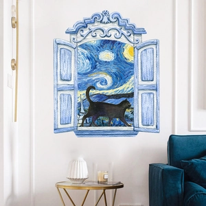 Starry Night wall sticker with black cat silhouette in a 3D blue baroque frame