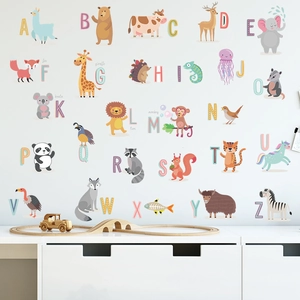 Cartoon animal alphabet wall stickers for nursery decor featuring letters A to Z