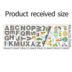 Detailed view of 4-sheet alphabet car wall stickers showing exact product dimensions