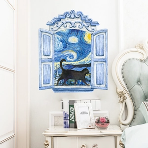 3D wall sticker featuring a European window with Van Gogh Starry Night and a black cat