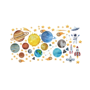 Luminous outer space wall stickers for kids featuring watercolor planets and astronauts