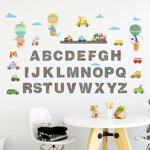 Cartoon road texture alphabet wall stickers with colorful vehicles and animals for kids