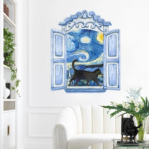 3D wall sticker featuring Van Gogh starry night with black cat in a blue window frame