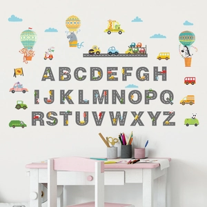 Cartoon alphabet wall decals with road texture and vehicles for nursery decor