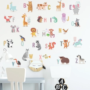 Educational animal alphabet wall stickers for kids room featuring colorful A to Z cartoons