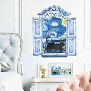 Detail of 3D window wall sticker featuring Van Gogh Starry Night and a black cat silhouette