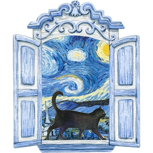 Black cat walking on a retro window ledge with Van Gogh starry night wall sticker decor