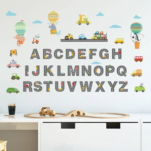 Close-up of transport themed ABC wall stickers with cars and animal illustrations