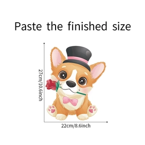 Detail showing cartoon dog sticker with rose and hat, finished size 27x22cm for decor