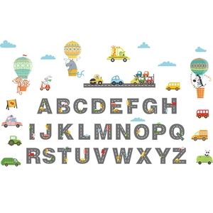 Cartoon alphabet wall stickers featuring cars and animals for nursery room wall decoration