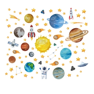 Luminous space wall decals with watercolor planets, astronauts and glowing stars