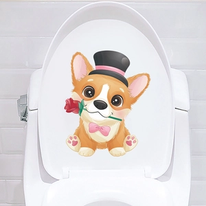 Cartoon gentleman corgi dog holding red rose flower toilet lid wall decal decor sticker