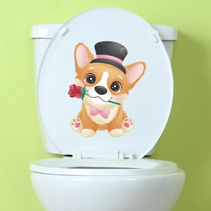 Cute cartoon corgi dog with rose toilet seat sticker for home bathroom decoration